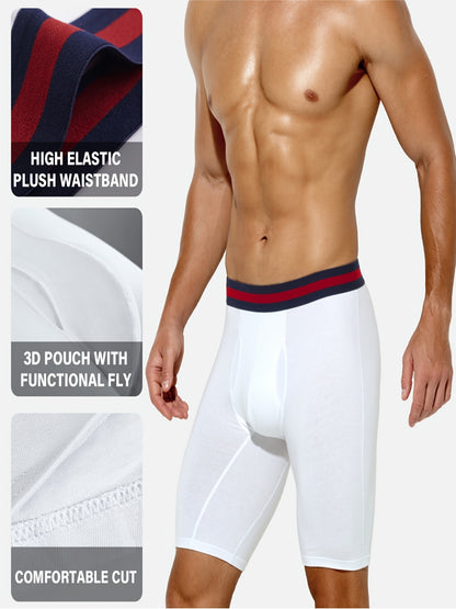 4pcs Men's Long Leg Cotton Underwear Total Support Pouch Boxer Briefs with Open Fly Pouch, Men's Cycling Sports Wear Bottoms, Moisture Wicking & Breathable Slimming Shapewear Body Shape for Men