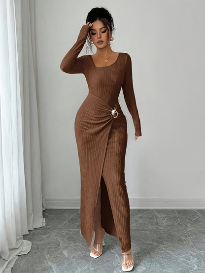 Women'S Solid Color Twisted Split Maxi Dress Asymmetrical Neck Slim Bodycon Fall Winter Elegant Fashion Dress