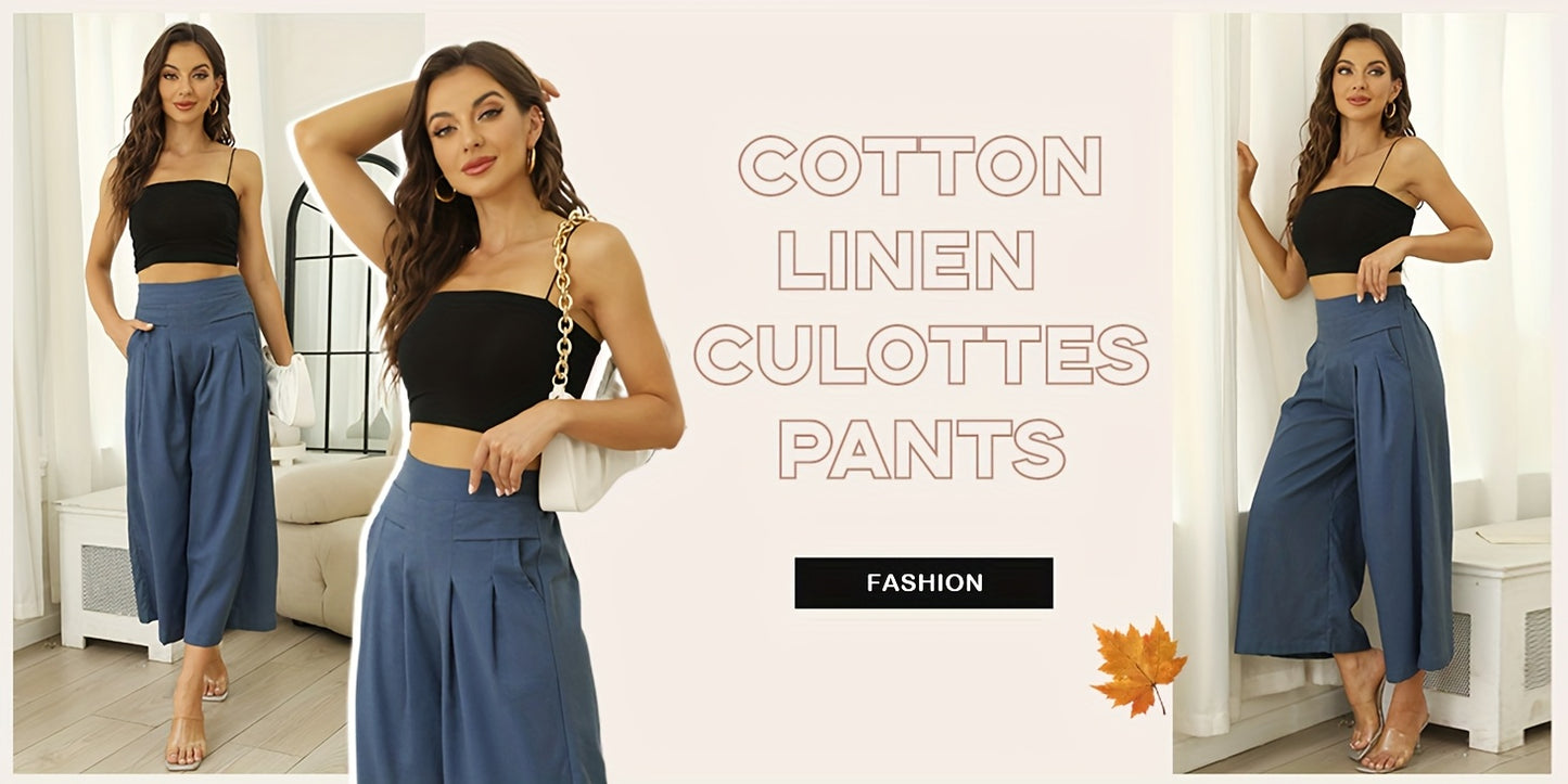 Women' Boho Linen Palazzo Wide Leg Pants - Elastic Capri Trousers with, 7/8 Length Culottes Suitable for Spring Summer Fall, Casual Solid Color Elastic Pants for Outfits & Casual Attire