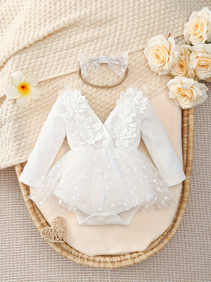 2pcs Set for Baby Girls Featuring a Bodysuit with 3D Embroidered Flowers, a Heart-Shaped Tulle Skirt, Long Sleeves, a V-Neck, And a Matching Bow Headband, Perfect for Newborn Baptism And Royal-Style Dresses for Princesses, for Outdoor