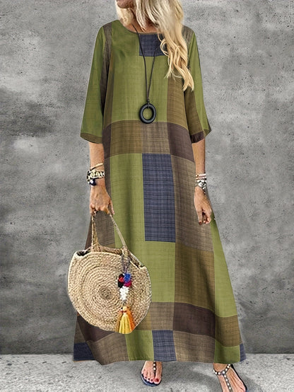 [Retro Geometric Dress] Vintage Geometric Print Women's Maxi Dress - Olive Green, Brown, And Beige Patchwork Design, Round Neck, Half Sleeves, Lightweight, Casual to Chic Style, Comfortable Outfit | Retro Geometric Dress | Earth Tone Design, Cute Dress