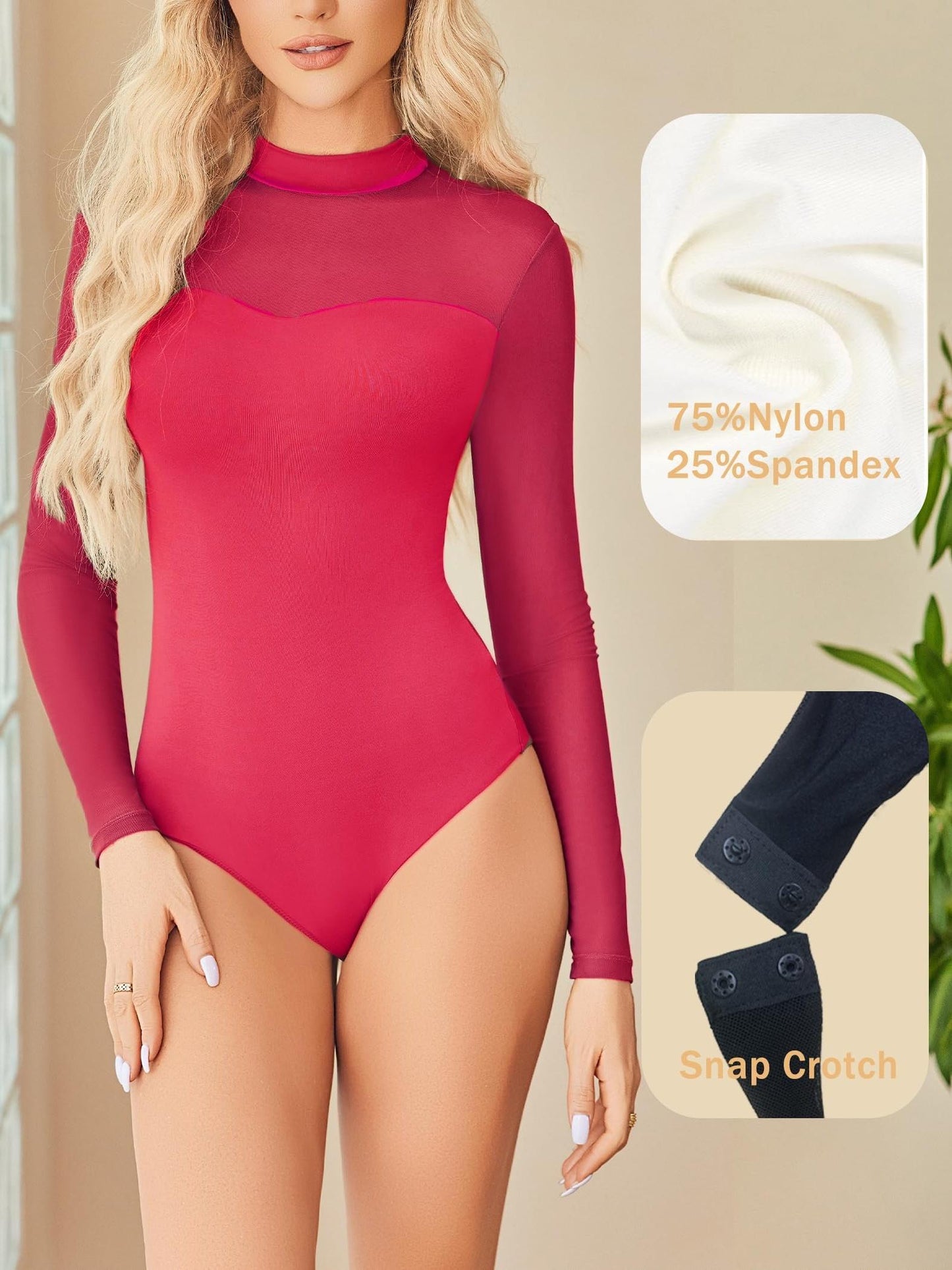 Sexy Mock Turtle Neck Sheer Mesh Long Sleeve Bodysuit Shirts Ruched Body Suit Leotard Tops
