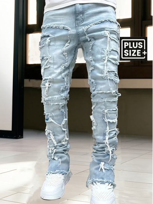 [HME] Men's Fashion Trendy Brand Jeans, Three-dimensional Cut And Creative Tassel Details, Street Hip-hop Style, Fringed Hem Design, Mid-waist Elastic Slim Flared Pants, Casual And Versatile Trendy Men's Plus-size Denim Trousers, PLUS SIZE