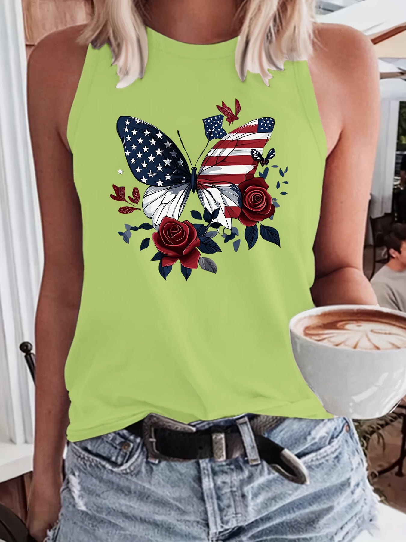1pc, 180g Fashionable Crew Neck Tank Top - Drawing Printed Top for Women - Casual Short Sleeveless Crew Neck Shirt - Lightweight & Breathable Vest for All Seasons Wardrobe, Polyester