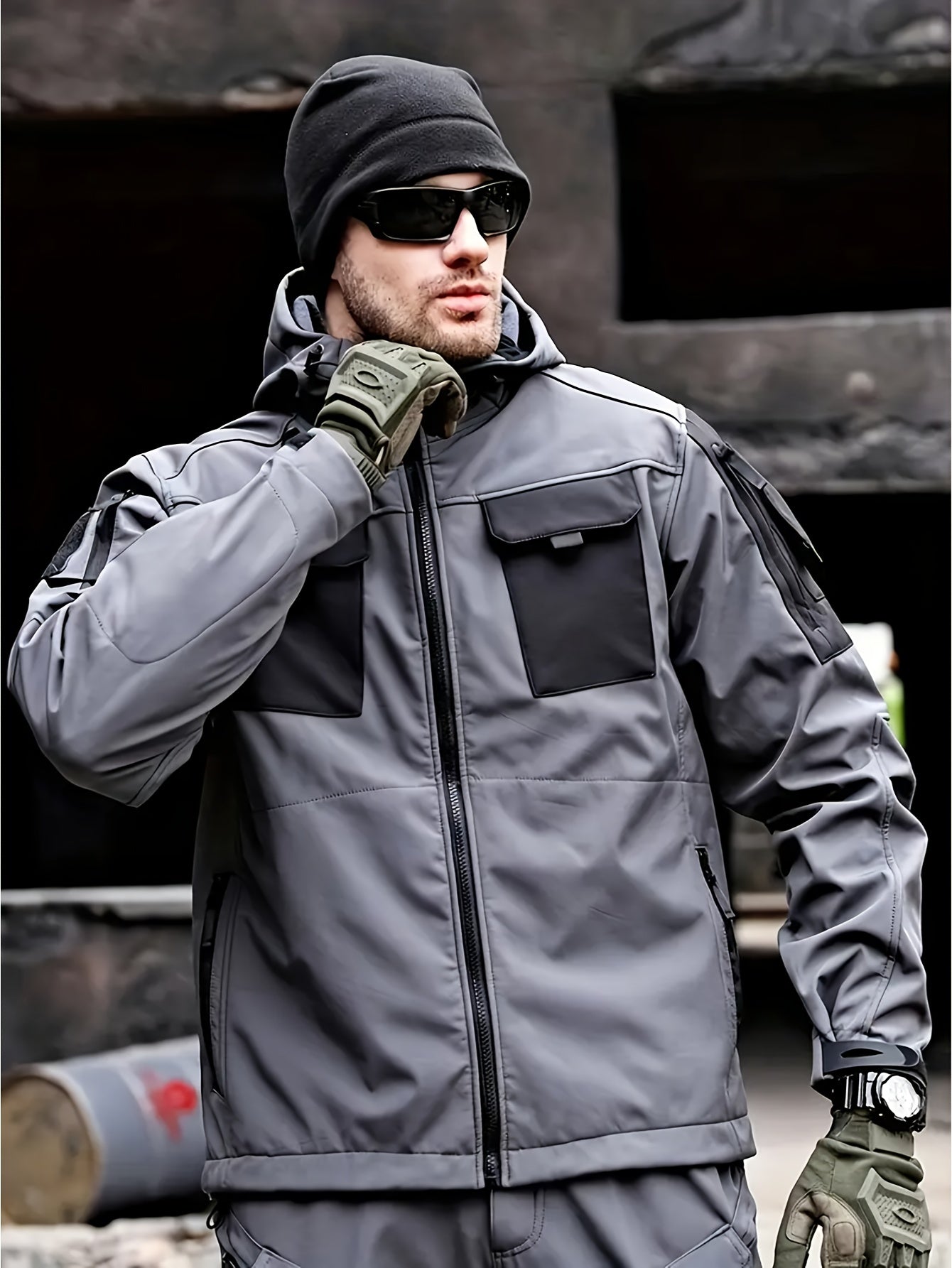 Men's Fleece-Lined Softshell Tactical Winter Jacket with Zip-Up Hooded Coat, Multiple Pockets & Lining - Outdoor Skiing, Hiking, Camping Workwear - Machine Washable Warm Fall/Winter Gear for Cold Weather Activities (Polyester)