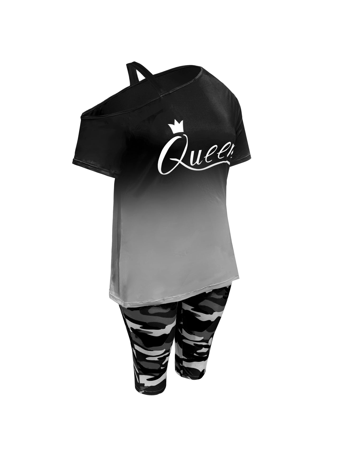 Plus Size - Ladies Fashion Daily Casual Suit, Diagonal Shoulder Camisole Gradient Letter Print Top + Camouflage Capri Pants Design.