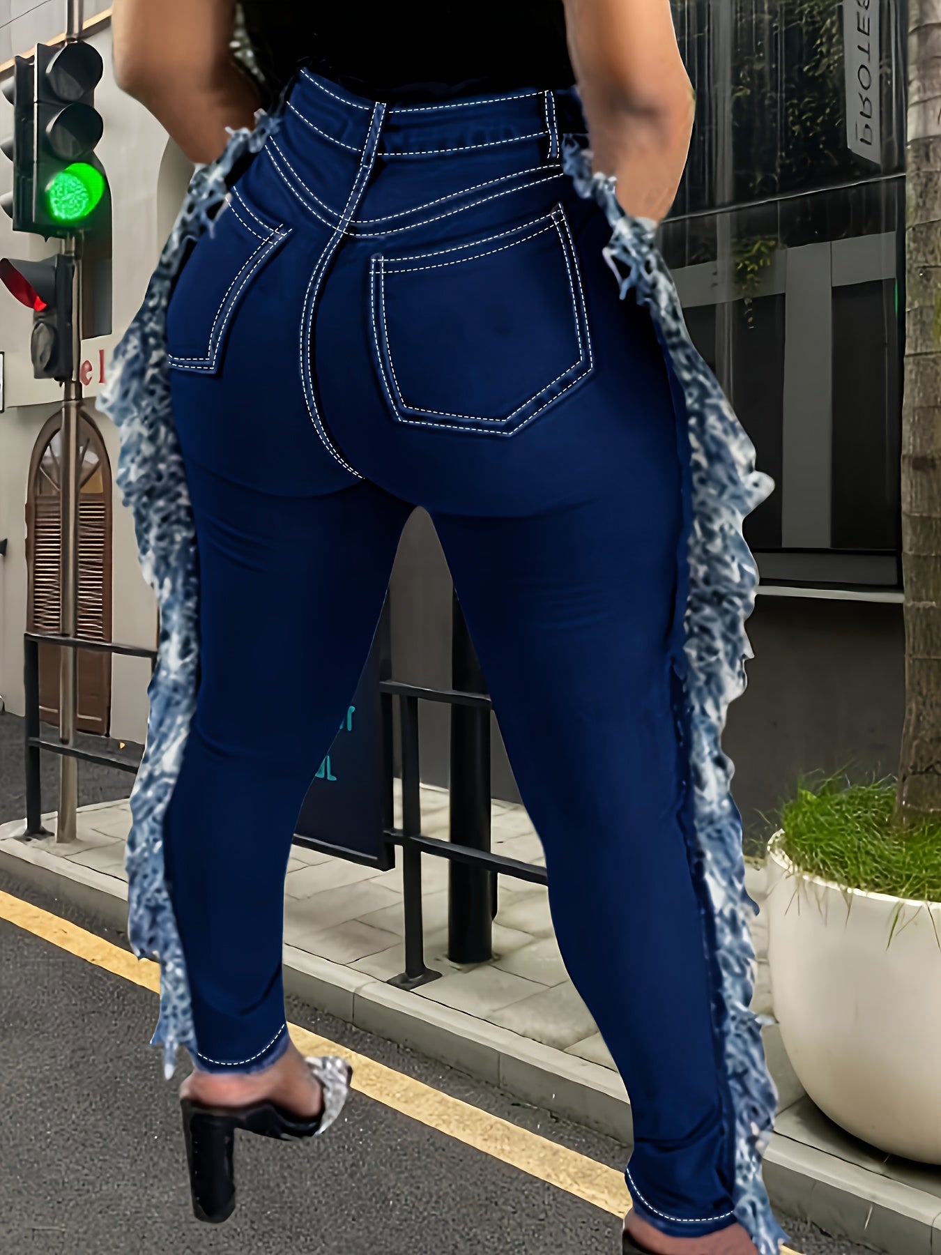 Oversized Deep Blue Fringed Diagonal Pockets, Distressed Fringed Jeans, Y2K Fringed Leggings, Tight Pants, High Waisted Elastic, Comfortable, Casual And Fashionable Oversized Jeans