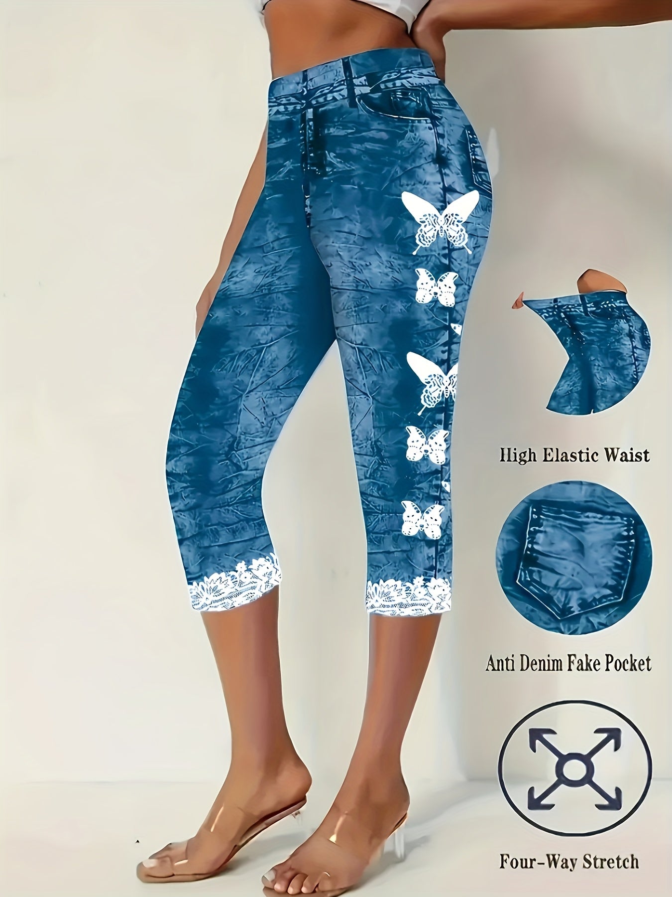 Two-Pack, Not Made of Faux Denim, Imitation It, Digital Print Capri Leggings, 3/4 Length, Elegant Style, Butterfly Pattern, Suitable for All Seasons, Adult Use, Skinny Fit, Four-Way Stretch, with Anti-Faux Denim Fake Pocke