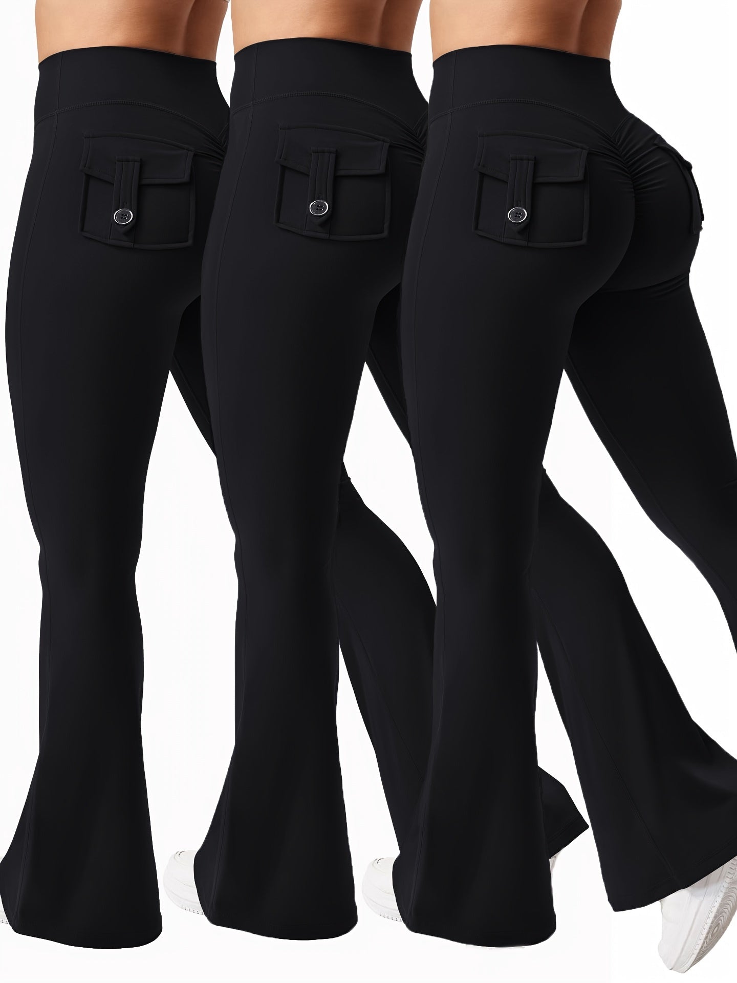 Christmas Apparel, Halloween 3pcs Set in Black, Gray, and Green: Fashionable Workwear-Style Flared Pants, Women's Casual Flared Pants, High-Waist Pocket Joggers, Workwear-Style Peach Butt Pants, Quick-Dry Sports Tummy Control Butt-Lifting Flared