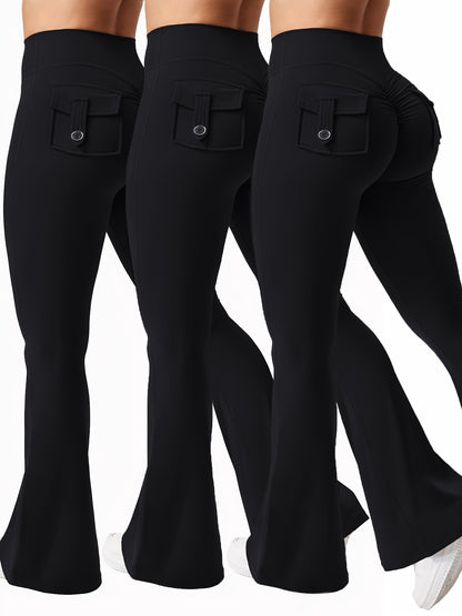 Christmas Apparel, Halloween 3pcs Set in Black, Gray, and Green: Fashionable Workwear-Style Flared Pants, Women's Casual Flared Pants, High-Waist Pocket Joggers, Workwear-Style Peach Butt Pants, Quick-Dry Sports Tummy Control Butt-Lifting Flared