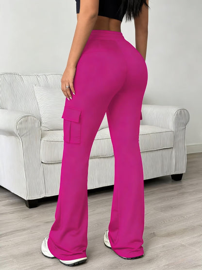 Women'S Solid Color Casual Drawstring Wide-Leg Sweatpants With Pockets, Elastic Waist Micro Flare Cargo Pants, Stretchy Pants For Daily Casual & Wear
