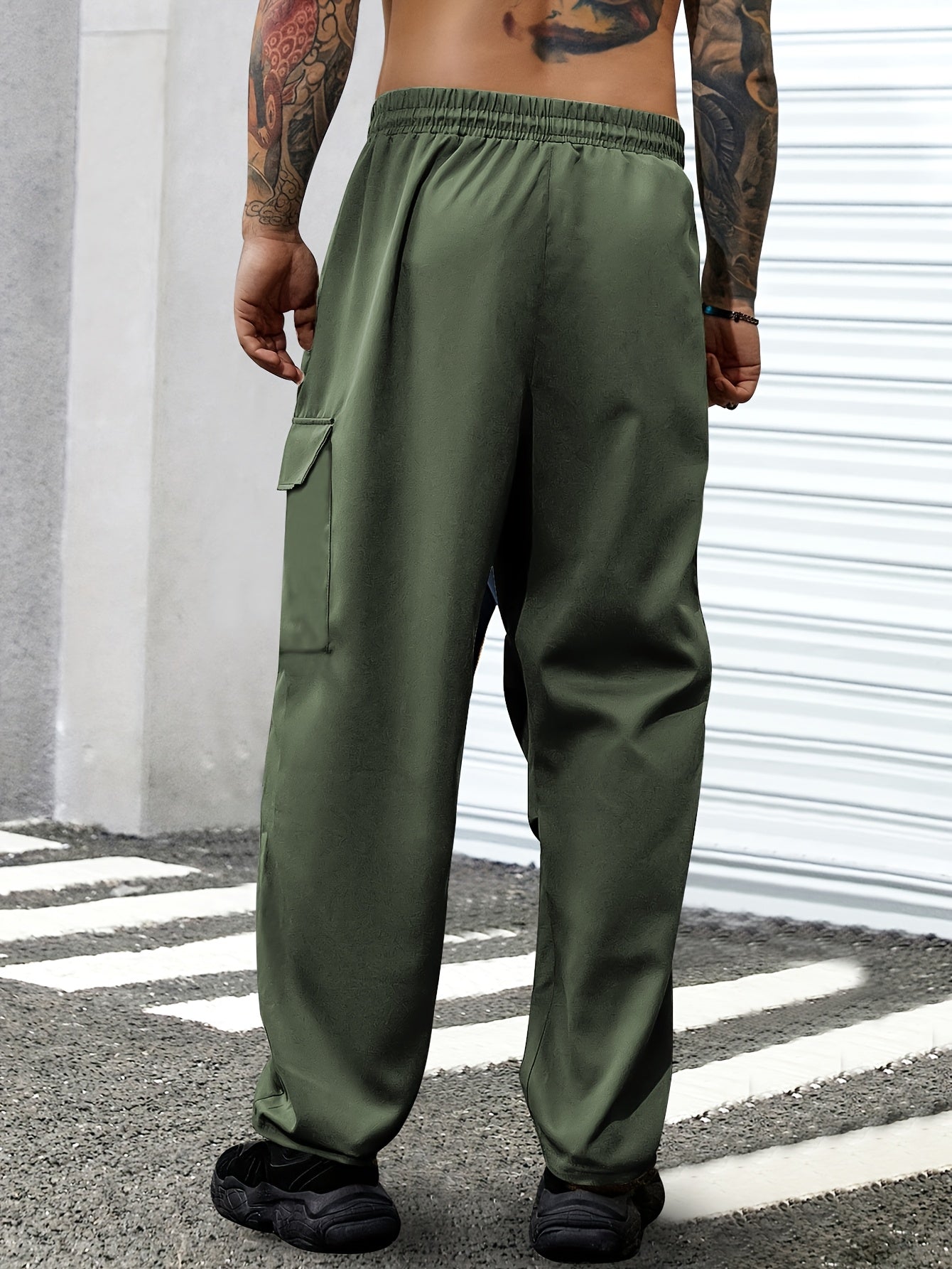 1pc Men'S Spring/Fall Cargo Pants with Large Zipper Pockets & Drawstring Waist - Olive Green Casual Outdoor Joggers for Hiking, Daily Wear, and Leisure Activities, Jogging Pants, Straight Leg Fit