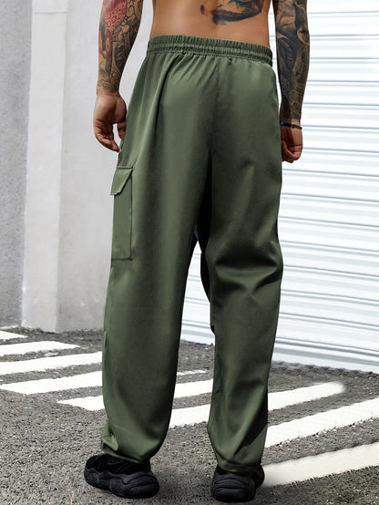 1pc Men'S Spring/Fall Cargo Pants with Large Zipper Pockets & Drawstring Waist - Olive Green Casual Outdoor Joggers for Hiking, Daily Wear, and Leisure Activities, Jogging Pants, Straight Leg Fit