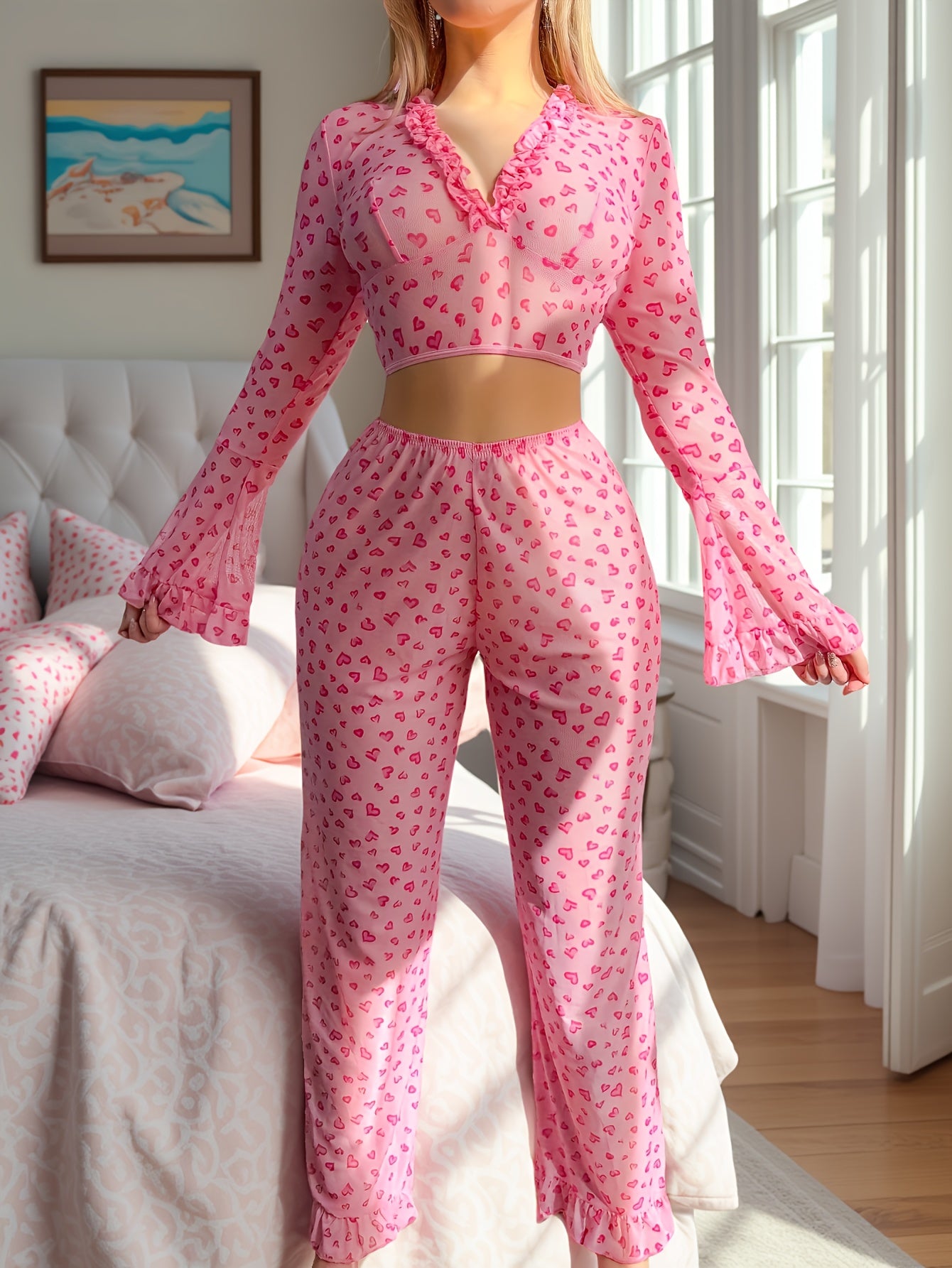 European And American Sexy And Romantic Lingerie Set, Valentine's Day Passionate Uniform, Heart-shaped Printed See-through Pajama Set for Women