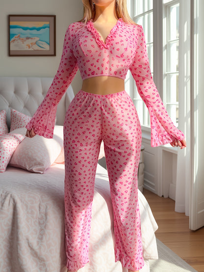 European And American Sexy And Romantic Lingerie Set, Valentine's Day Passionate Uniform, Heart-shaped Printed See-through Pajama Set for Women