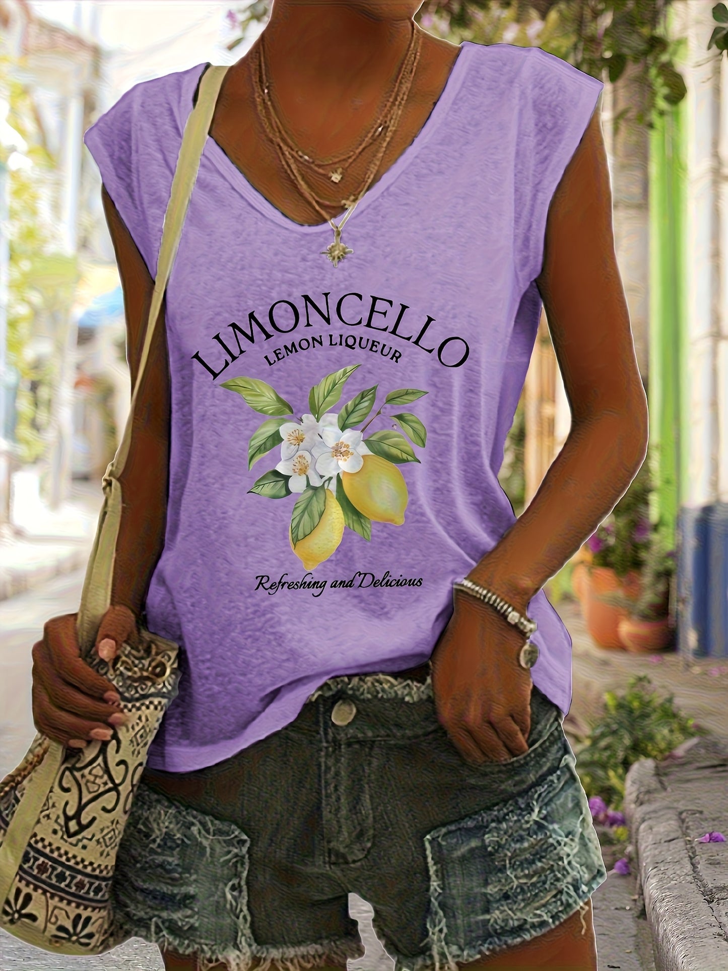 Women's Limoncello Pattern V-neck Vest Top-Sleeveless Casual Summer Spring Top with Limoncelli Bottle Design, Casual Summer Top| Sleeveless Top| Comfortable Fit