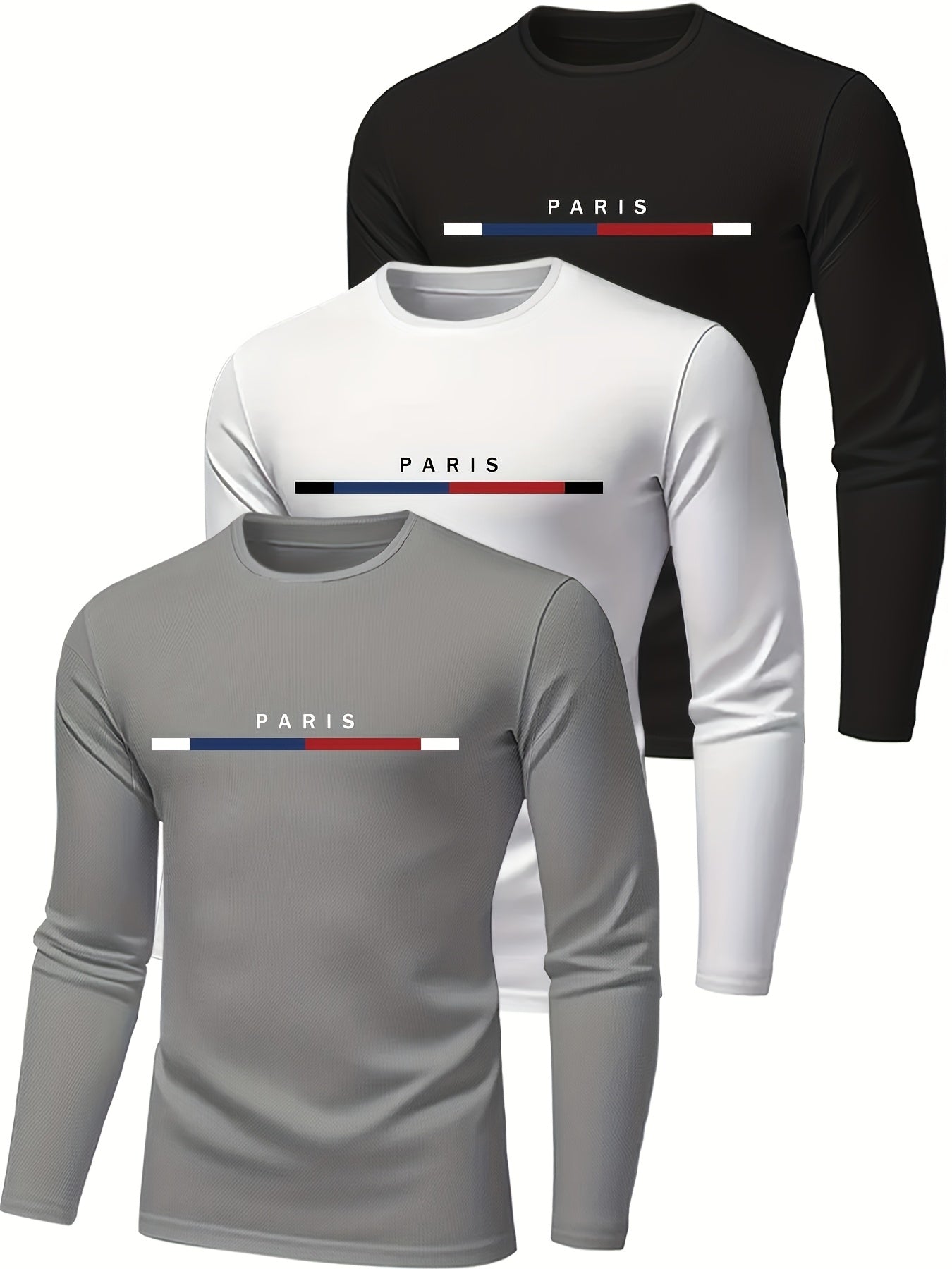 3-Pc Men'S Long Sleeve T-Shirts - Breathable Polyester - Paris Print Design, Regular Fit for Spring/Fall