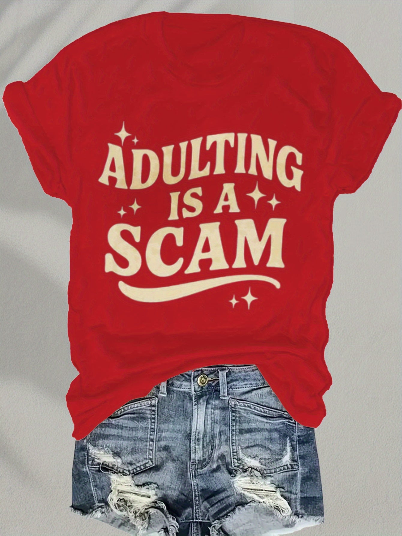 Women's Funny "Blended Adult Is a Scam" T-Shirt - Retro Humorous Slogan Short Sleeve Round Neck Blouse Suitable for Her Gift, Casual Statement Top for Daily Wear & Humor Apparel, Machine Washable Comfortable Everyday Outfits