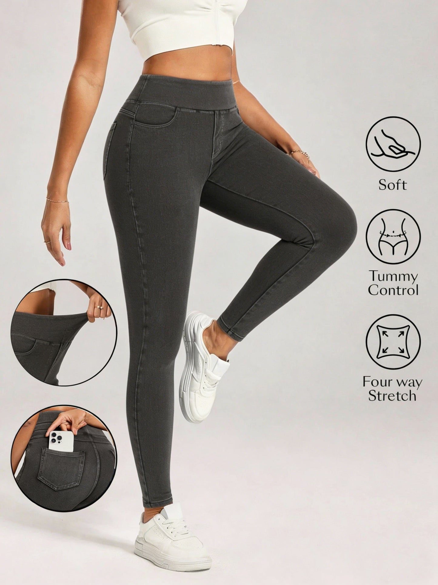 Women'S High-Waisted Denim Jeggings, Tummy Control Skinny Jeans Pants, Stretchy Pull-On Skinny Fit Leggings