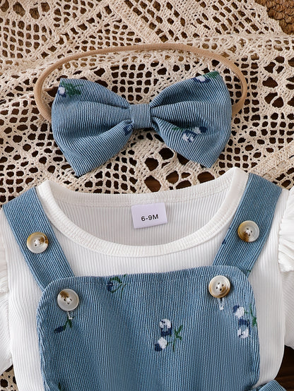 3pcs Baby Girls Set Flutter Sleeve Short Sleeve Tee 3D Bow Floral Print Suspender Skirt Summer Outdoor Play, Perfect for Outdoor
