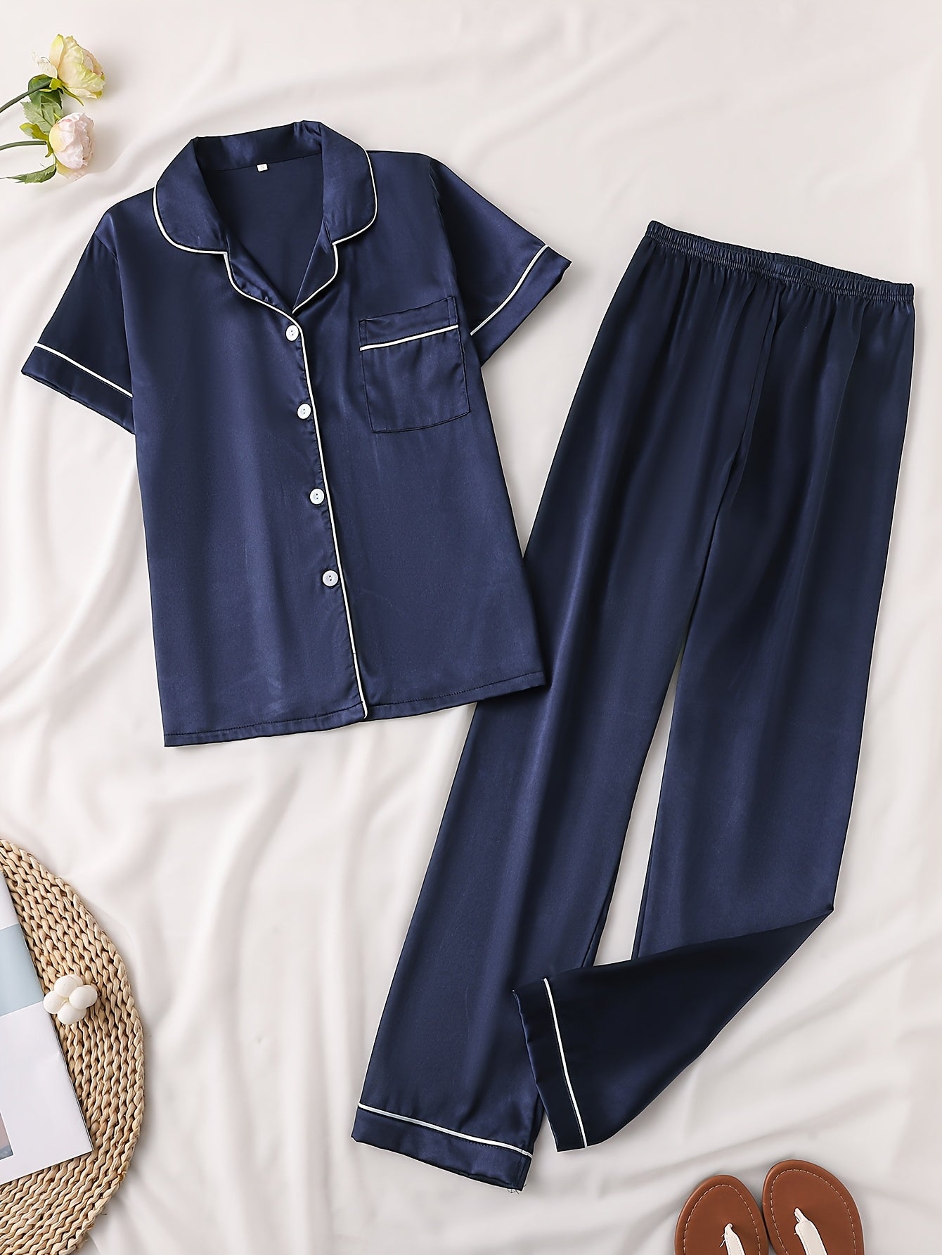 Solid Satin Pajama Set, Casual Short Sleeve Buttons Lapel Top & Shorts, Women'S Sleepwear