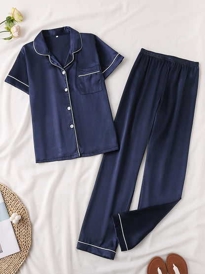 Solid Satin Pajama Set, Casual Short Sleeve Buttons Lapel Top & Shorts, Women'S Sleepwear