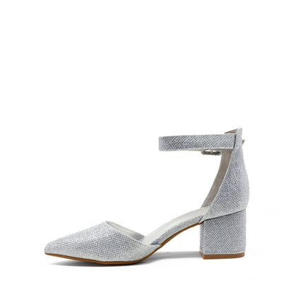 Pointed Toe Low Chunky Heels Pump Shoes Women Pumps with Ankle Strap