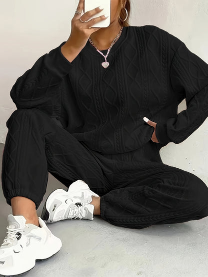 Plus Size Women's Twisted Texture Two-Piece Set, Comfortable Round Neck Top and Ankle-Length Pants Set, Autumn and Winter Casual Fashion Outfit