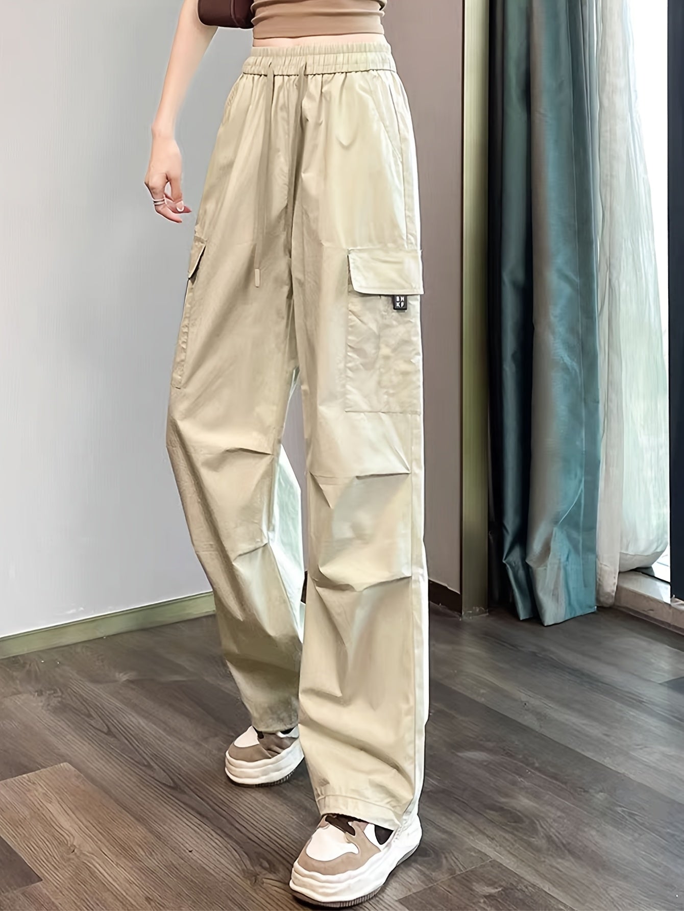 Women&Apos;S Olive Green Cargo Pants - Casual Flap Pockets, Wide-Leg Design, Machine Washable, Spring/Fall Versatile Trousers for Casual Attire, Spring Fall Attire | Relaxed Fit Pants | Nonelastic Fabric