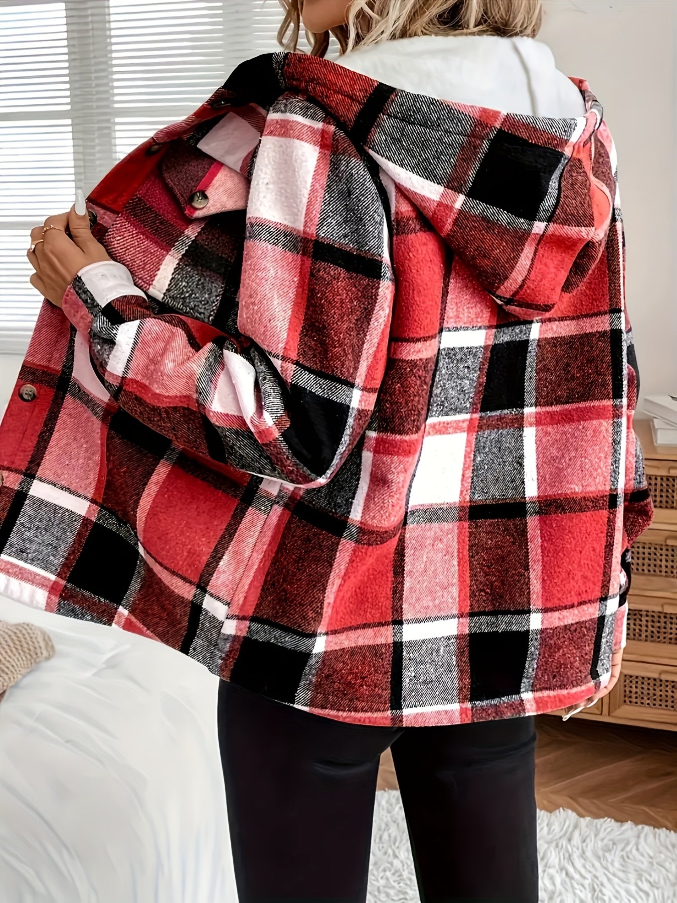 Fall & Winter Essential: Women's Plaid Hooded Jacket. Lining for Warmth, Front - Button Design, Adjustable Drawstring Hood. Washable In Brown, Red, Green, Black, Blue. Durable & Soft Fabric, Suitable for All - Day Comfort In Casual Settings.