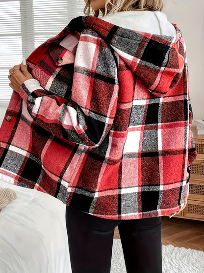 Fall & Winter Essential: Women's Plaid Hooded Jacket. Lining for Warmth, Front - Button Design, Adjustable Drawstring Hood. Washable In Brown, Red, Green, Black, Blue. Durable & Soft Fabric, Suitable for All - Day Comfort In Casual Settings.
