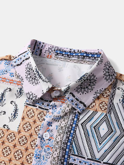 2pcs Men'S Summer Short Sleeve Button-Up Shirt and Pants Set - Light Blue Geometric Print, Casual Regular Fit with Drawstring Waist, Non-Stretch Fabric, Perfect for Casual Attire, Everyday Clothing | Geometric Print Shirt | Woven Fabric Shirt