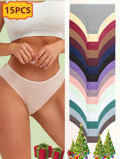 15pcs Women's Underwear, Vertical Striped Solid Color Triangle Pants, Suitable for Daily Commuting, Women's Underwear And Panties