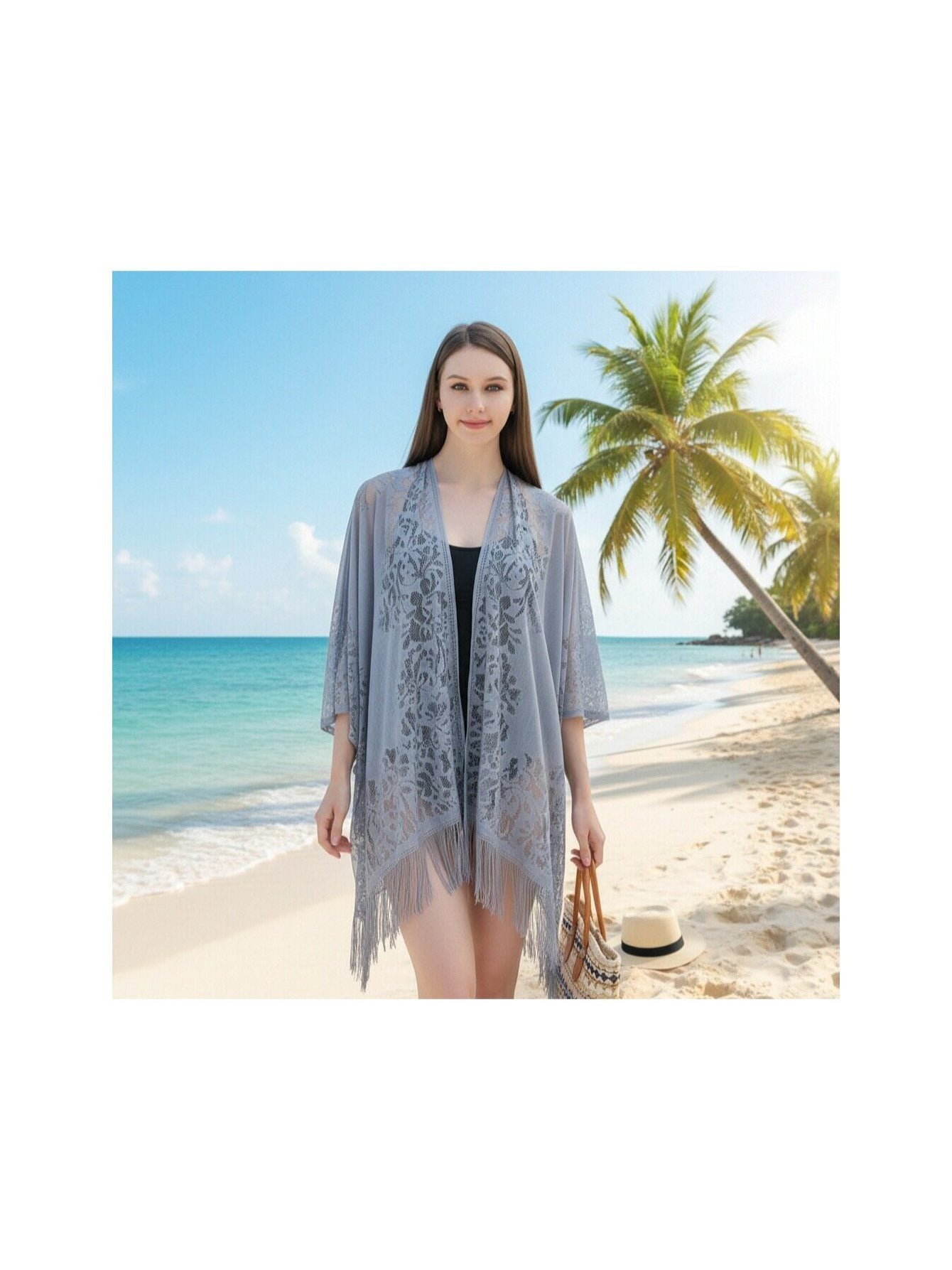 Woman's Plus Size Boho Cover Up, Lace Kimono, Women's Plus Floral Lace Batwing Sleeve Cover-Up, Open Front Tassel Trim Kimono, Lightweight Beach Cover Up
