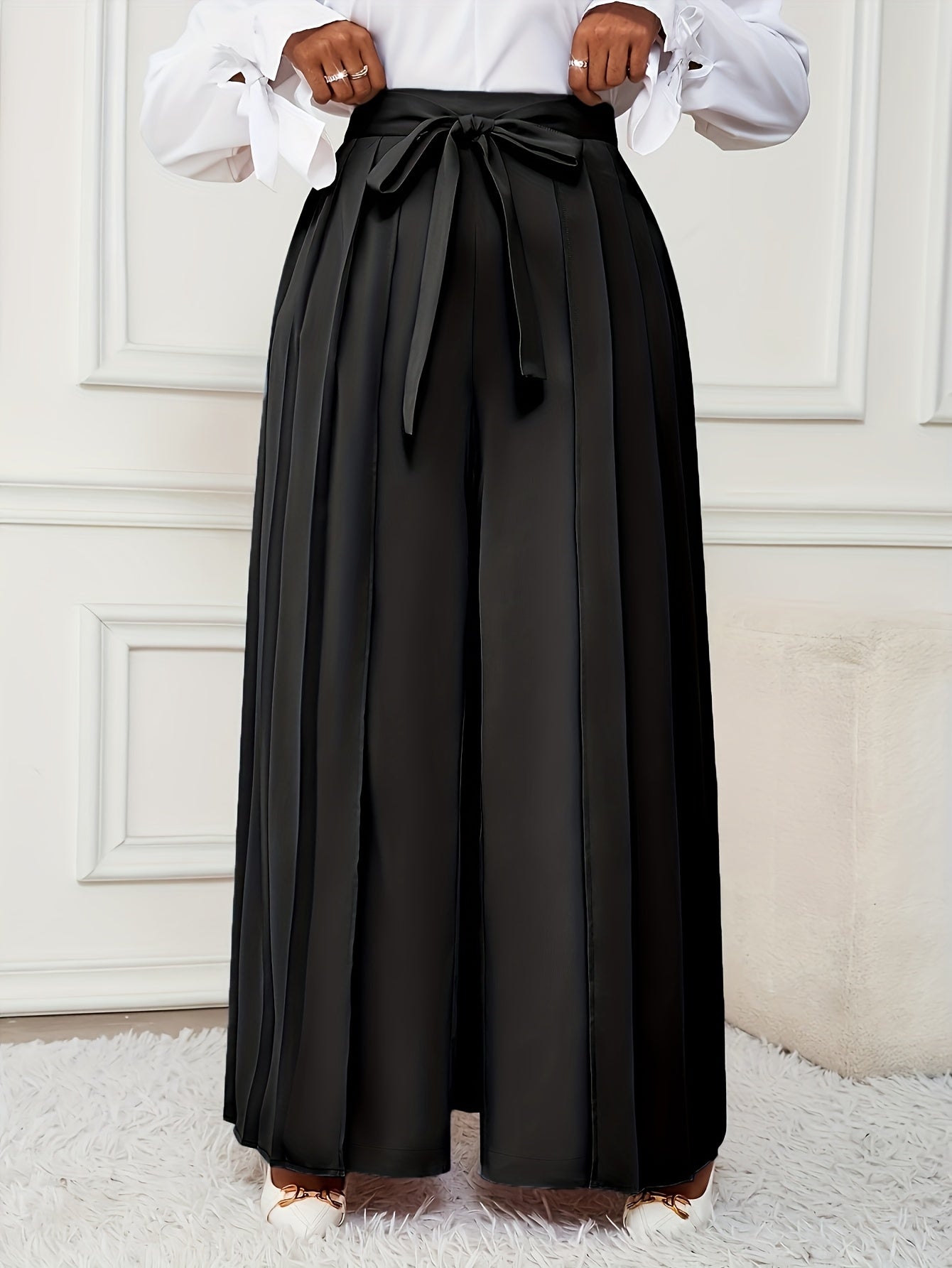 Plus Size - Plus-size Women'S Pants With Elegant Pleats, Removable Design, Two-way Wear, Straight-leg Style, Retro Chic, Casual, Suitable For All Seasons Throughout The Year.