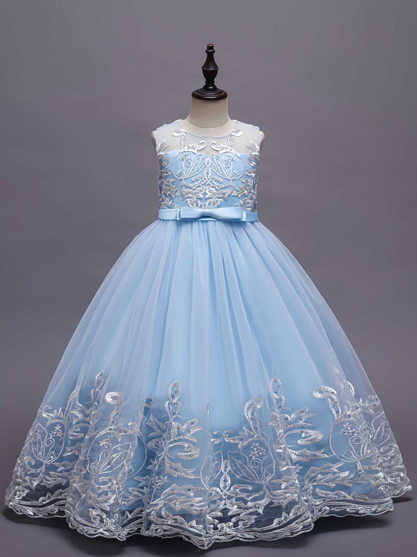 Flower Girl Lace Dress for Kids Wedding Bridesmaid Pageant Party Formal Long Gown Princess Communion Tulle Bow Dresses