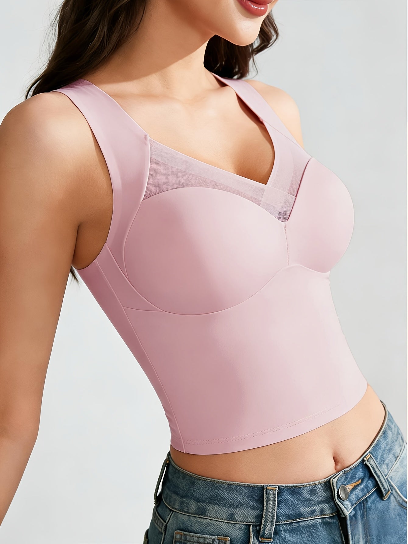 1pc EssElegance Wireless Sports Bra - Push-Up, Side Smoothing, High Stretch, Built-in Pads