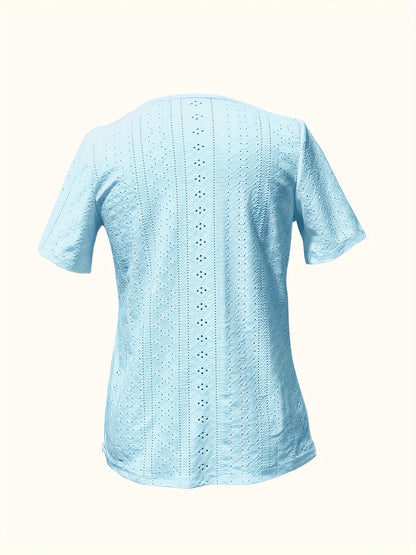 Short-Sleeved T-Shirt for Women with Button Embellishments, Featuring a Stylish Solid Color V-Neck, Made from Breathable with High Elasticity, And a Semi-Transparent Jacquard Design, Perfect for Spring And Summer