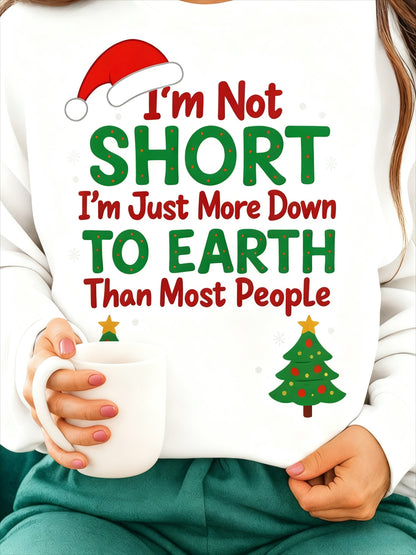 1 Women's Funny Quote Sweater, "I'm Not Short, I'm Just Closer to the Ground Than Most People" Crew Neck Pullover - Gray Casual Winter Sweater for Casual Attire - Machine Washable Fall/Winter Top, Cute Sweater, Humorous Casual Wear, Loose Fit Sweater