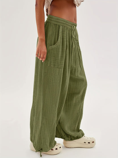 Spring And Summer Women's Casual Pants, Khaki, Pocket, Wide Leg, Tie, Loose, Daily Commuting Wide Leg Pants Womens Summer Clothes