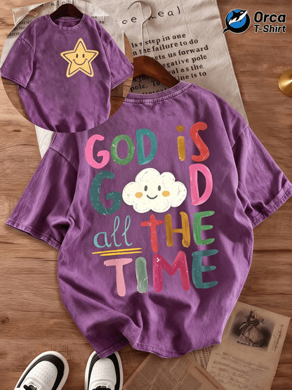 Color Letter Printed Joyful Face Pattern GOD IS GOOD ALL THE TIME Short-sleeved T-shirt Men's and Women's Loose Casual Trendy Tops, Old Washed Cotton Double-sided Casual Tops, Suitable for Holidays, Going Out, Home, Outdoor, Gift Giving and Other
