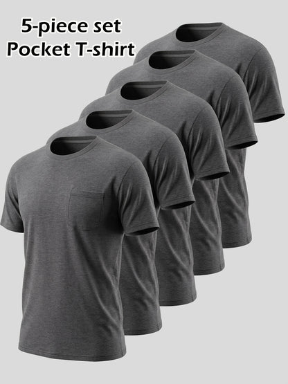 5pcs Men Unisex 100 Cotton Pocket T Shirts Short Sleeve Crew Neck Loose Fit Solid - product view 6