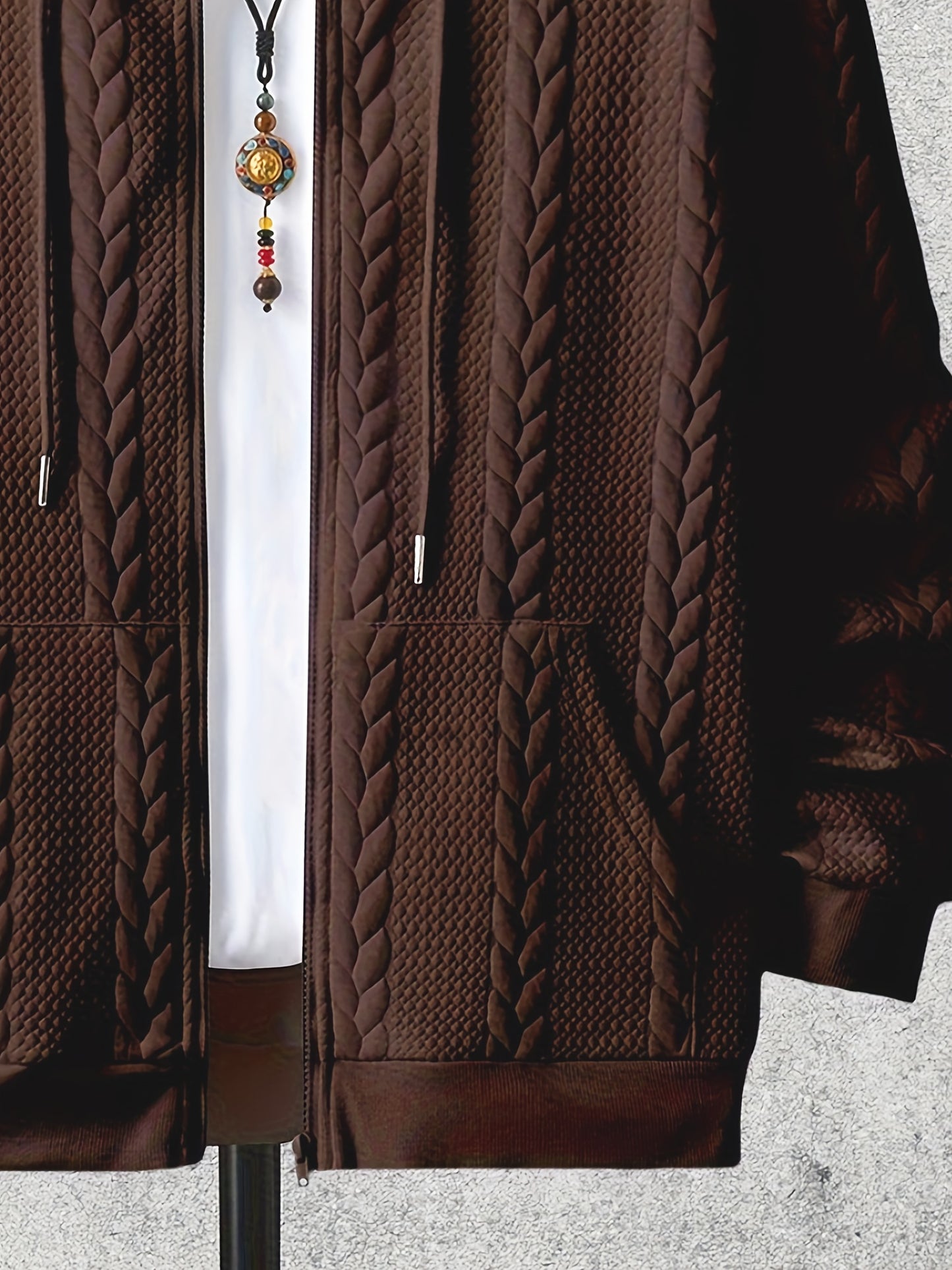 [Brown Hooded Jacket] Stylish Brown Men'S Hooded Jacket| Long Sleeve, Casual Knit Zip-Up with Pockets, All-Season Wear
