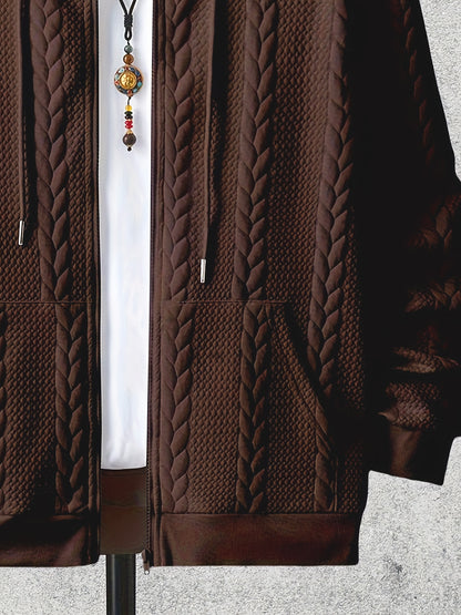 [Brown Hooded Jacket] Stylish Brown Men'S Hooded Jacket| Long Sleeve, Casual Knit Zip-Up with Pockets, All-Season Wear