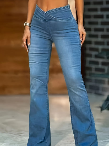Women's High-Waisted Stretch Jeans - Wide-Leg Bell-Bottom Flared Pants with Cross-Waist , -Like Rayon//Spandex (75/23/2%), All-Season Casual to Dressy Wear, Wrinkle-Resistant Trousers