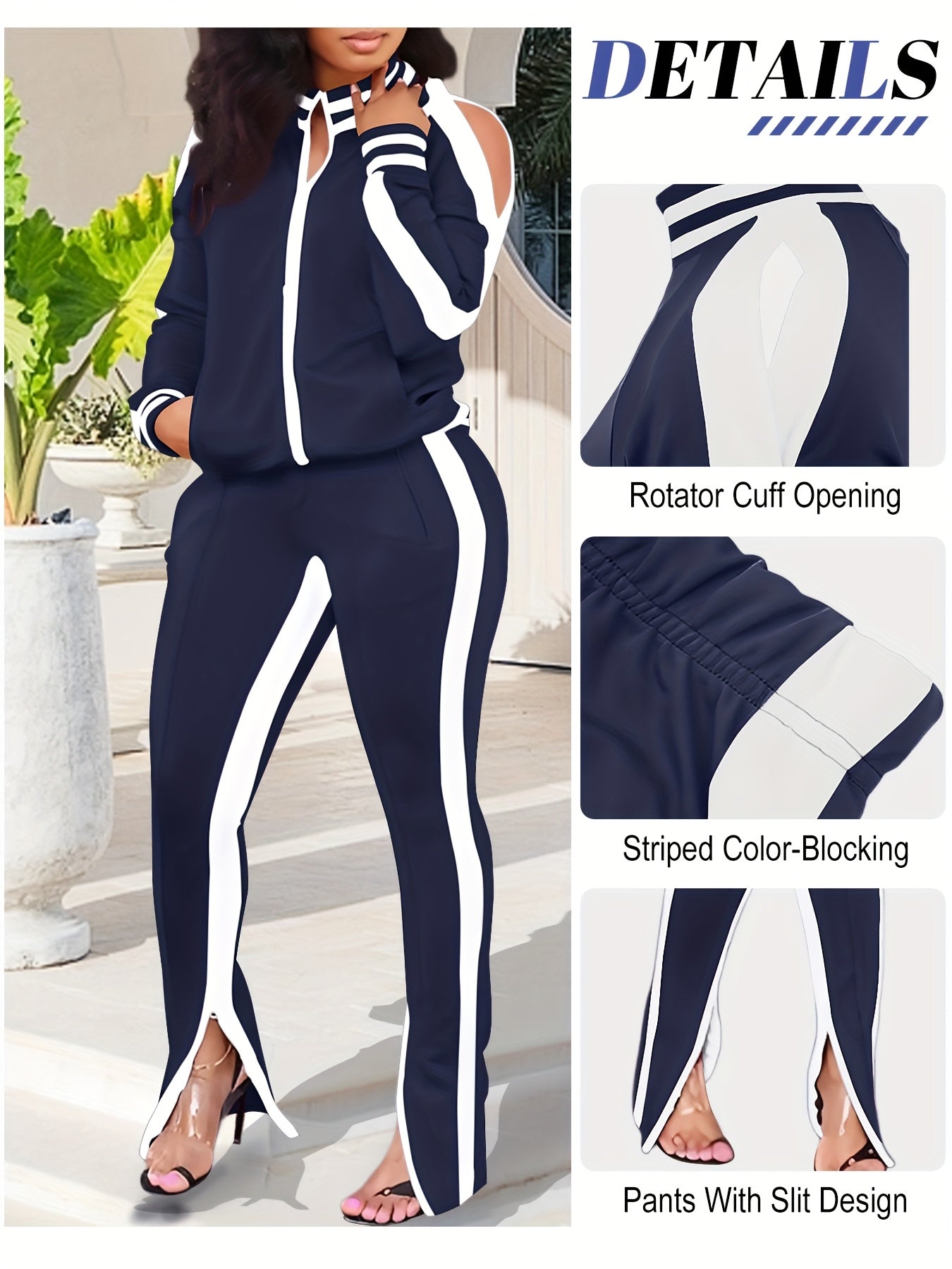 Women's 2pcs Athletic Tracksuit Set, Striped Contrast Shoulder Slit Top & Zipper Hem Sporty Pants, Activewear Lounge Set