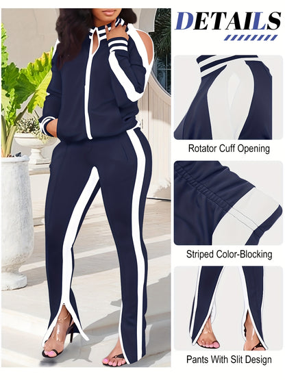 Women's 2pcs Athletic Tracksuit Set, Striped Contrast Shoulder Slit Top & Zipper Hem Sporty Pants, Activewear Lounge Set