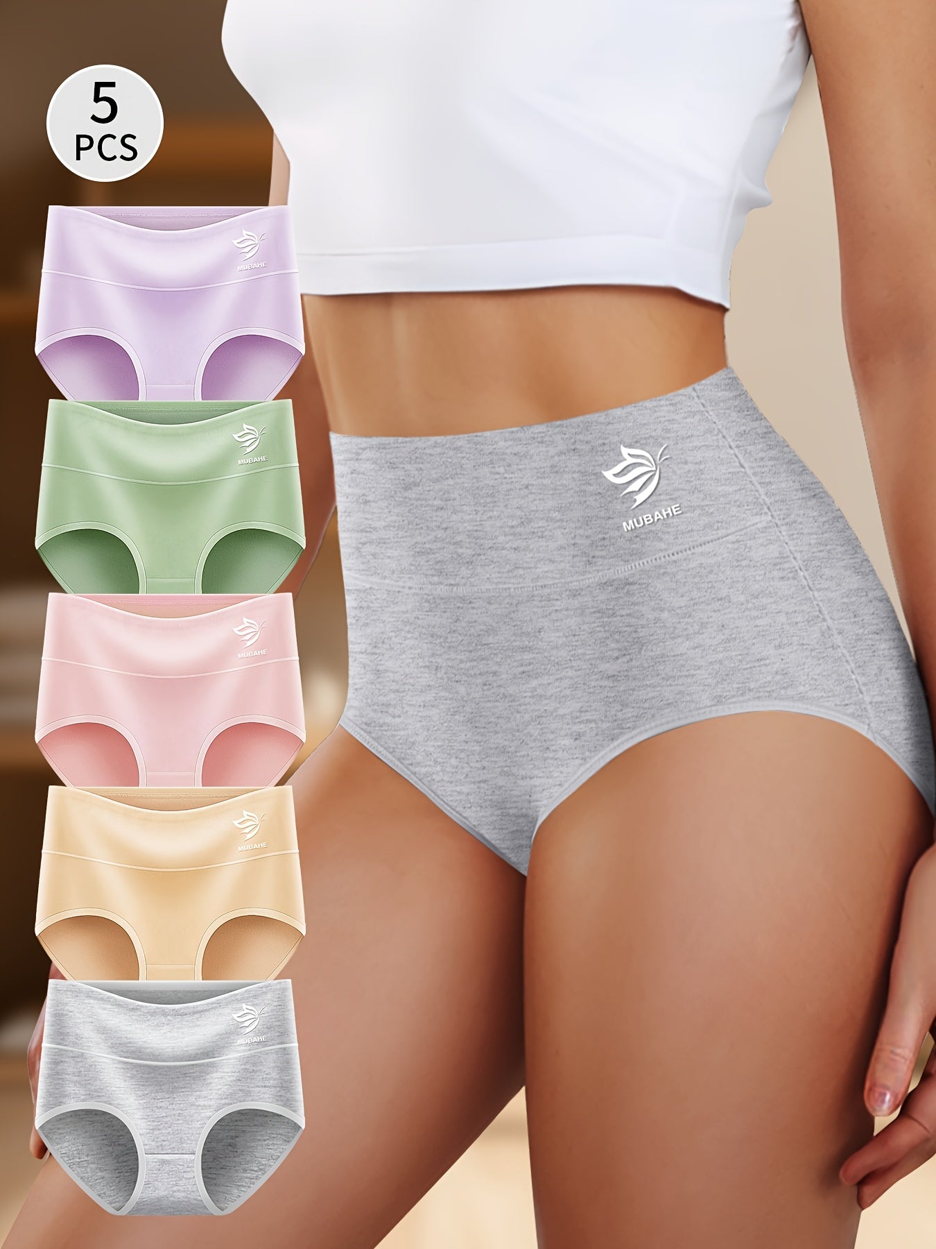 [Belly Butt-Lifting Briefs] 5pcs Women's High-Waisted Underwear - Belly Butt-Lifting Briefs with Butterfly Patterns, Soft Breathable Triangle Cut Suitable for Daily Wear, Commuting & Postpartum, Tummy Panties