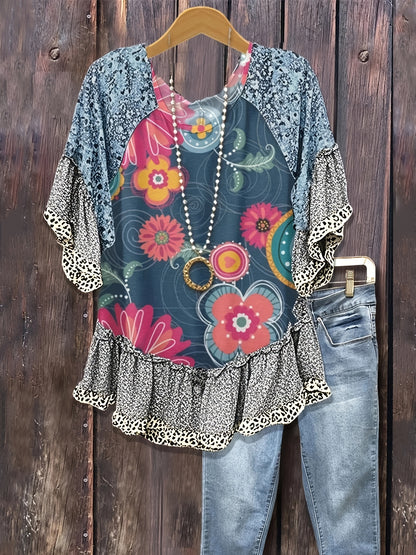 Mixed Floral Print Loose Top, Leopard Print Patchwork, Flared Three-quarter Sleeves, Women's Clothing