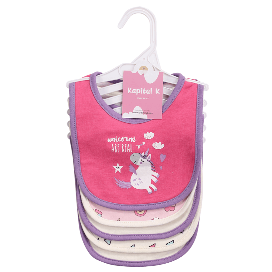 Kapital K 5pcs! Double - Layered Absorbent Cotton 5 - Piece Set with Cartoon Embroidery and Magic - Tape Adjustable Feeding Bibs for 0 - 3 Year - Olds, Boys & Girls